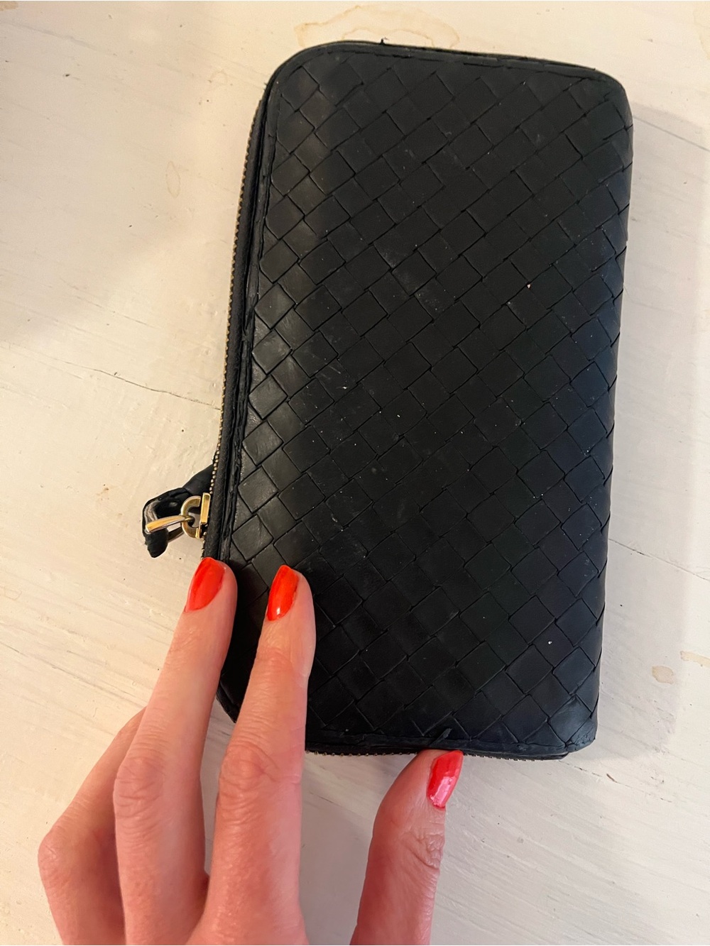 ***SOLD***Bottega Veneta soft leather Black Woven Zip-Around Wallet